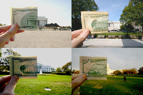 Photos Lining Up U.S. Currency with Buildings Depicted on Them